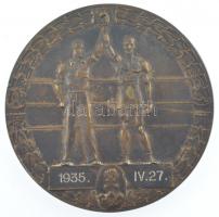 Sándor Ambrózy (1903-1992) 1935. Magyar Ökölvívó Szövetség kétoldalas, ezüstözött Br érdemérem eredeti tokban, gravírozott 1935. IV. 27. / SZITÁNYI JÁNOS URNAK szöveggel, Huguenin gyártói jelzéssel (60mm) T:1- ph., ezüstözés kopott Hungary 1935. Hungarian Boxing Association two-sided, silvered Br merit medal in original case, with engraved 1935. IV. 27. / SZITÁNYI JÁNOS URNAK text. Sign: Sándor Ambrózy (1903-1992) (60mm) C:AU edge error, silvering worn