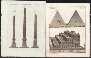 Jacob Xaver Schmuzer (1713-1775): Egyiptomi építészet, 2 db. Színezett rézmetszet, papír. Kissé sérült lapszélekkel, 22x17 cm