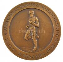 Lengyelország 1958. V. Janusza Kusocińskiego Emléktorna - Varsó 1958. VI. 14-15. / Gerelyhajítás III. díj Br díjérem, eredeti, de sérült tokban (50mm) T:1- Poland 1958. V. Janusza Kusocińskiego Memorial Tournament - Warsaw 1958. VI. 14-15. / Javelin throw III. place Br award medal in original but damaged case (50mm) C:AU