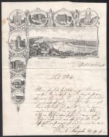 1871 Pest, német nyelvű levél a Pest és Buda nevezetességeinek rézmetszetű képeivel díszített levélpapíron