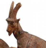 Gazdagon díszített, figurális faragott fa asztali tintatartó zergékkel, 2 db üvegbetéttel. Kisebb sé...