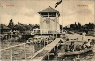 1910 Balatonlelle-fürdő, part, Jó szerencsét! bányász fürdőkabin. Wollák József utódai kiadása