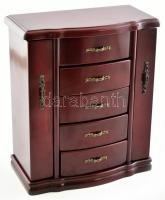 Fiókos ékszertároló szekrény, 4 fiókkal, felül és kétoldalt nyitható tároló részekkel, 29x24x13 cm