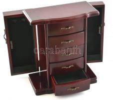 Fiókos ékszertároló szekrény, 4 fiókkal, felül és kétoldalt nyitható tároló részekkel, 29x24x13 cm