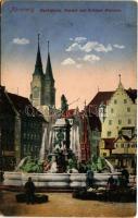 1914 Nürnberg, Nuremberg; Marktplatz, Neptun und Schöner Brunnen / market, fountain (tear)