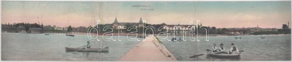 1913 Keszthely, Fürdő látképe, evezős csónakok, Balaton és Hullám szállodák. Dr. Trenkler és Társa 1908. Kzy. 13. Három részes kihajtható panorámalap (r)