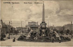 1914 Leipzig, Augustusplatz, Neues Theater, Mendebrunnen / square, fountain, theatre, tram (small tear)