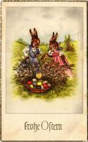 1958 Frohe Ostern / Easter greeting art postcard with rabbits and eggs (EB)