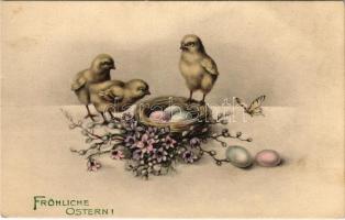 Fröhliche Ostern! / Easter greeting art postcard with chicken and eggs. P.T.L. Art de Vienne No. 537/4. (fa)