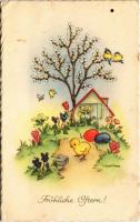 1965 Fröhliche Ostern! / Easter greeting art postcard with chicken and eggs (EK)