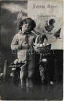 1929 Fröhliche Ostern! / Easter greeting art postcard with boy and eggs (szakadás / tear)