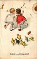 1925 Boldog húsvéti ünnepeket / Easter greeting art postcard with children and chicken. B.K.W.I. 4716-1. (fl)