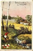 1912 Boldog húsvéti ünnepeket / Easter greeting art postcard with dwarf. B.K.W.I. 4133-6. (b)