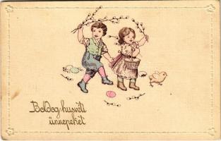 1912 Boldog húsvéti ünnepeket / Easter greeting art postcard with children and eggs (EK)