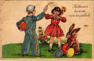 Kellemes húsvéti ünnepeket / Easter greeting art postcard with rabbit and eggs (fa)