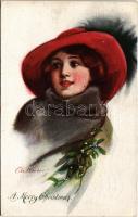 1913 A Merry Christmas / Christmas greeting art postcard with lady. B.K.W.I. Nr. 2128/2. s: C. W. Barber (EK)