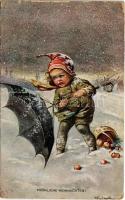 Fröhliche Weihnachten! / Christmas greeting art postcard with child in the snowstorm s: W. Fialkowska (fa)