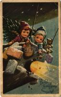 1924 Boldog karácsonyi ünnepeket / Christmas greeting art postcard, children in hot air balloon with toys (EB)