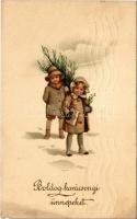 1914 Boldog karácsonyi ünnepeket / Christmas greeting art postcard with children. Amag No. 1184. (szakadás / tear)