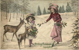 1912 Boldog karácsonyi ünnepeket / Christmas greeting art postcard with deer. V. K. Vienne 5208. (EB)