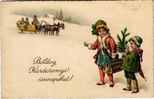 1923 Boldog karácsonyi ünnepeket / Christmas greeting art postcard with horse-drawn sleigh. EAS M. 354. (EK)