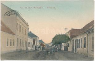 1912 Nagyszentmihály, Németszentmihály, Grosspetersdorf; Fő utca, Mayer Adolf üzlete / Hauptstrasse, Geschäft / main street, shop + "PINKAFŐ-SZOMBATHELY 145. SZ." vasúti mozgóposta (EB)