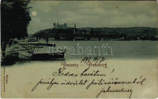 1898 (Vorläufer) Pozsony, Pressburg, Bratislava; rakpart, híd, vár, este / quay, castle, bridge, night (EK)