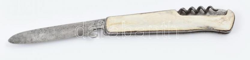 Régi csontnyelű bicska dugóhúzóval, a pengén jelzéssel, h: 10 cm