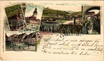 Brassó, Kronstadt, Brasov; Evang. Kirche, Rathaus, Marktplatz, Schlossberg, Graft. Verlag W. Hiemesch / Evangélikus templom, Városháza, Piactér, Fellegvár villasor, Graft-patak / church, city hall, market square, villas, river. Kunstanstalt Rosenblatt floral Art Nouveau litho