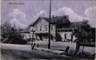 Dés, Dej; vasútállomás. Monostory György reklám a hátoldalon / railway station. Publisher's advertisement on the backside