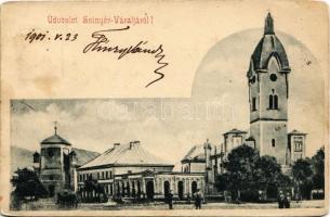 1901 Szinérváralja, Szinyérváralja, Seini; Fő tér, templom, Auer Károly (?) üzlete / main square, church, shop (EK)