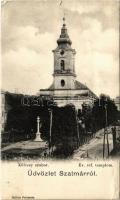 1914 Szatmárnémeti, Satu Mare; Kölcsey szobor, Református templom. Hollósi felvétele / statue, Calvinist church (EK)