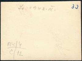 1942 II. világháborús katonák kilőtt harckocsival, hátoldalán feliratozott fotó, 6x4,5 cm / WWII sol...