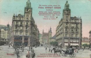 Budapest V. Kígyó tér a Klotild paloták Zwieback Lajos üzletével és a Földes Margit-féle krém reklámjával