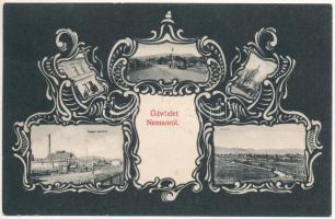 1911 Nemsó, Nemsova (Felsőszúcs, Horná Súca); Üveggyár, vasútállomás, Goldstein Gyula üzlete és saját kiadása / glass factory, railway station, shop. Art Nouveau