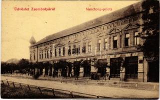 1907 Zsombolya, Jimbolia; Muschong palota, gyógyszertár, Ifj. Keks. kárpitos és tisztító üzlete. W.L. 427. / palace, shops, pharmacy (fl)