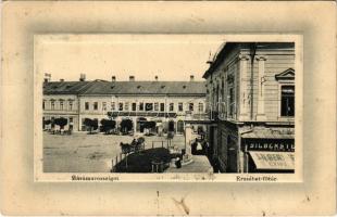 1912 Máramarossziget, Sighetu Marmatiei; Erzsébet Fő tér, Leszámítoló bank, Silberstein cipő üzlete. W.L. Bp. 6075. Wizner és Dávid / square, bank, shop (fl)