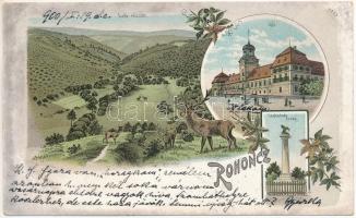 1900 Rohonc, Rechnitz; Erdő részlet, vár, Szabadság oszlop / Schloss, Denkmal, Wald / castle, forest, column monument. Art Nouveau, floral, litho