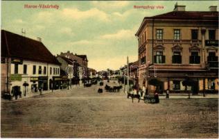 Marosvásárhely, Targu Mures; Szentgyörgy utca, Fonciere biztosító, Harmath Sándor és Henning Károly üzlete. Révész Béla kiadása / street, shops