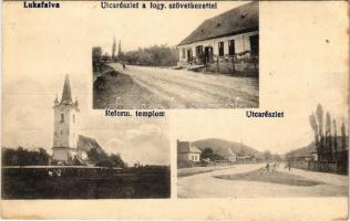 Lukafalva, Dózsa György, Gheorghe Doja, Lucafalau; református templom, utca, fogyasztási szövetkezet üzlete és saját kiadása / Calvinist church, streets, cooperative shop