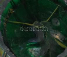 Irizáló üveg tégely, ragasztott, csorbákkal, d: 10 cm, m: 6 cm