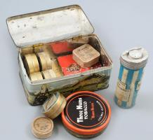 Vegyes régi cigarettás, gyógyszeres, gyógyszertári fém és papír dobozok