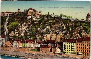 1918 Graz (Steiermark), Kaiser Franz Josef-Kai mit Schloßberg / castle hill with funicular railway (EK)