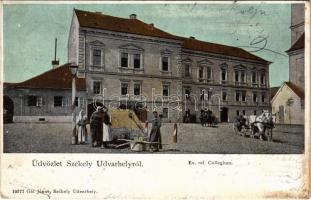 Székelyudvarhely, Odorheiu Secuiesc; Református kollégium, piac, Rudolf József üzlete. Gál János kiadása / Calvinist boarding school, market, shop (Rb)