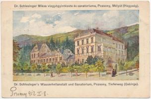 1912 Pozsony, Pressburg, Bratislava; Mélyút (Hegység), Dr. Schlesinger Miksa vízgyógyintézete és szanatóriuma. Alkalay háromszínyomása / hydrotherapy spa, water treatment center and sanatorium (EK)