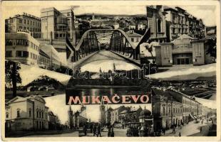 1938 Munkács, Mukacheve, Mukachevo, Mukacevo; mozaiklap zsinagógával / multi-view postcard with synagogue + 1938 Munkács visszatért So. Stpl. (EK)
