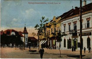 Gyergyószentmiklós, Gheorgheni; Kossuth Lajos tér, Borsos Árpád üzlete, Déli gyümölcs, friss zöldség, csemege és cukorkák. Sándory Mihály kiadása / square, shops (r)