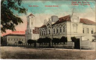 1912 Dolova, Dolovo; községháza, szerb templom, iskola / Gemeinde Haus, Serb. Kirche, Schule / town hall, Serbian church, school (gyűrődések / creases)