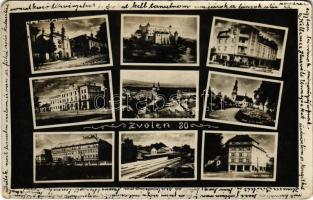 1929 Zólyom, Zvolen; Zid. kostel, Hrad, Grand Hotel, Park a r. k. kostel, St. Real Gymn., Nádrází, Legio-banka / zsinagóga, vár, szálloda, park és római katolikus templom, állami reálgimnázium, vasútállomás, bank / synagogue, castle, hotel, park, Catholic church, grammar school, railway station, bank (kopott sarkak / worn corners)