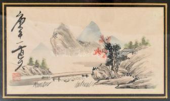 kínai festett selyemkép. Jelzett. Keretben 9x15 cm